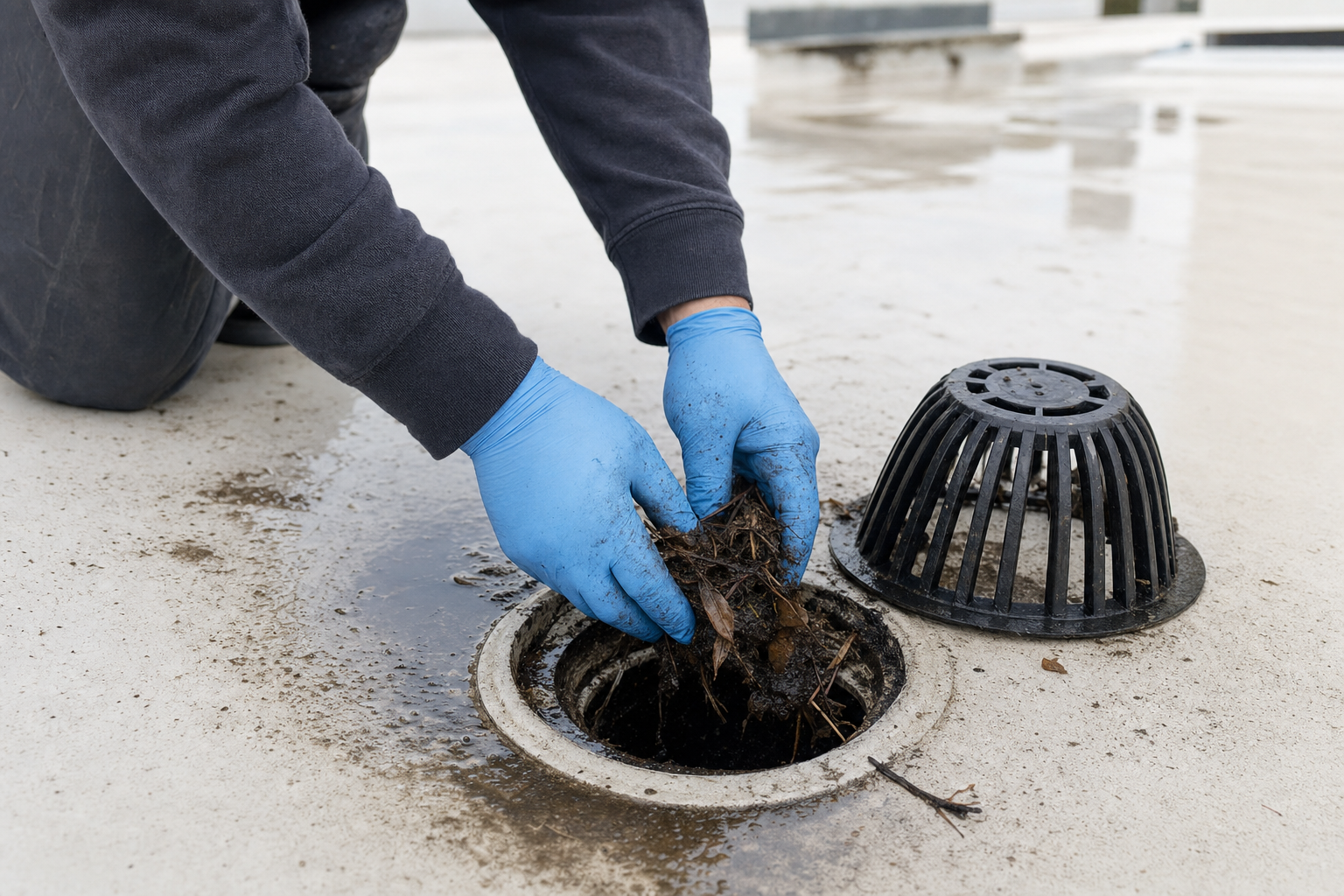 documentary photo of a commercial roof drain inspection, gloved hands removing debris from a roof drain strainer on a TPO roof, puddles nearby, safe close-up composition, no text on image