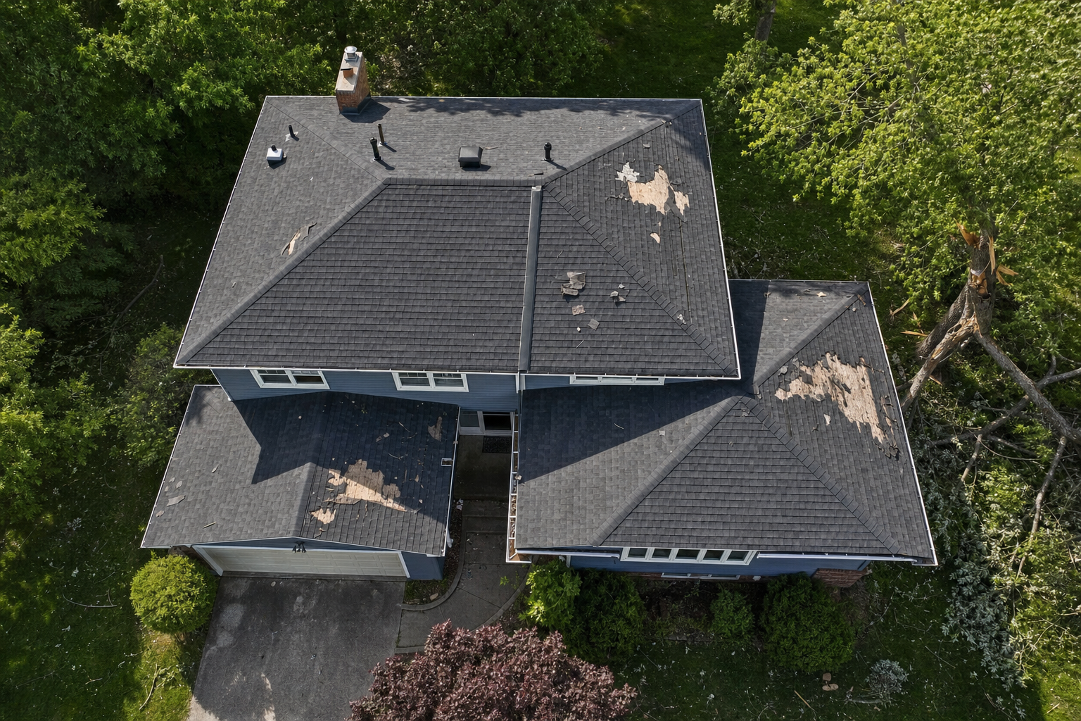 crisp top-down drone photograph of a modest Lake County split-level roof after a severe storm, charcoal shingles with vents, flashing, ridges, and valleys clearly visible, mature full-leaf trees and modest lawn, bright clearing sky, precise inspection mood, no people, no text
