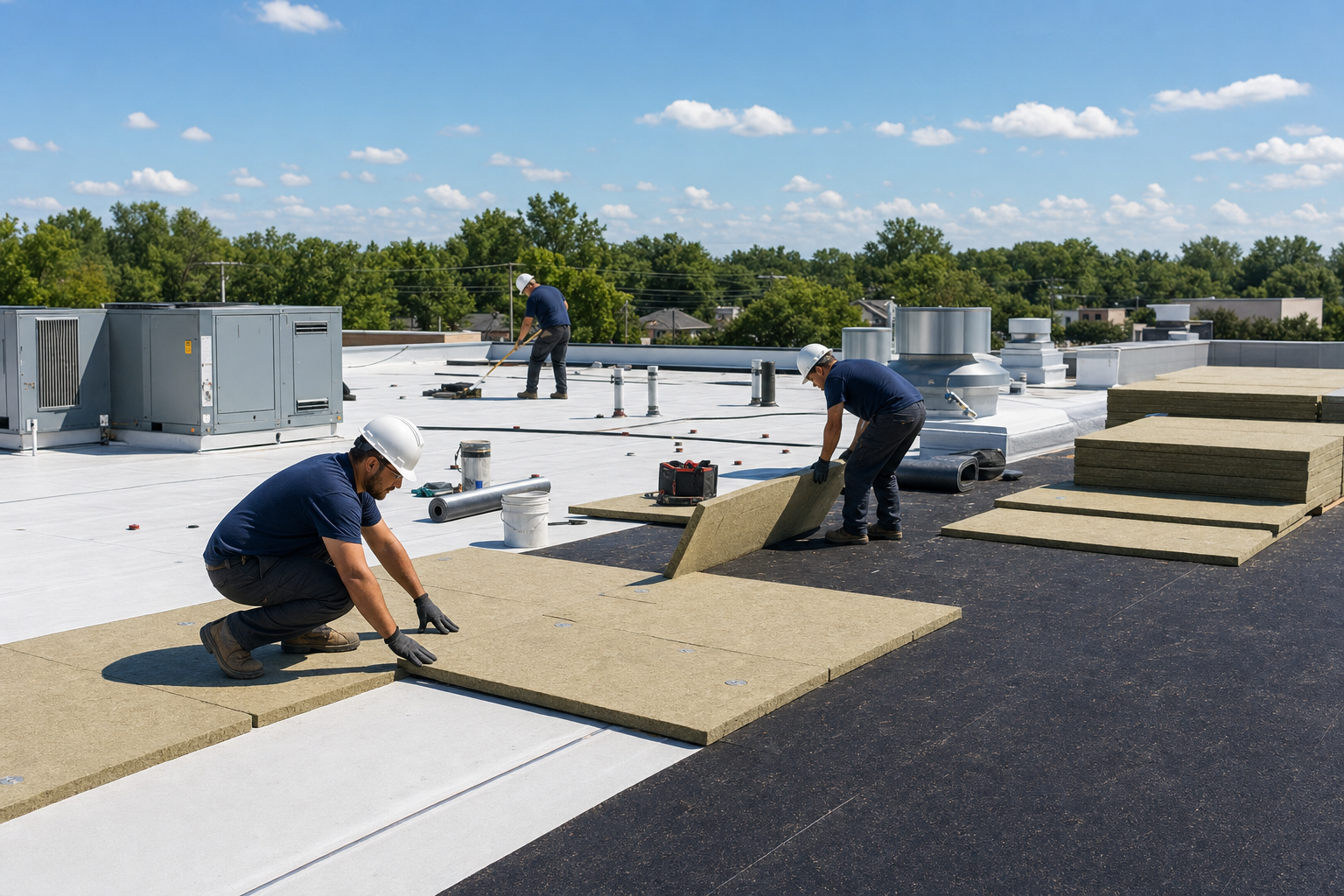 wide documentary photo of a safe commercial flat-roof installation in Lake County, crew members in plain solid dark navy work shirts with no visible logo or text, white hard hats, working away from roof edges on insulation layout, partly-sunny summer light, no text on image