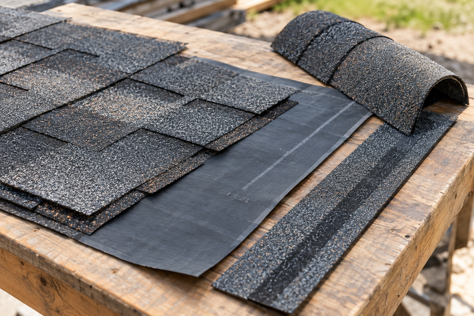close-up documentary photo of layered asphalt roofing materials on a work table, showing shingle texture, underlayment edge, starter strip, and ridge cap samples, natural daylight, no brand logos or text