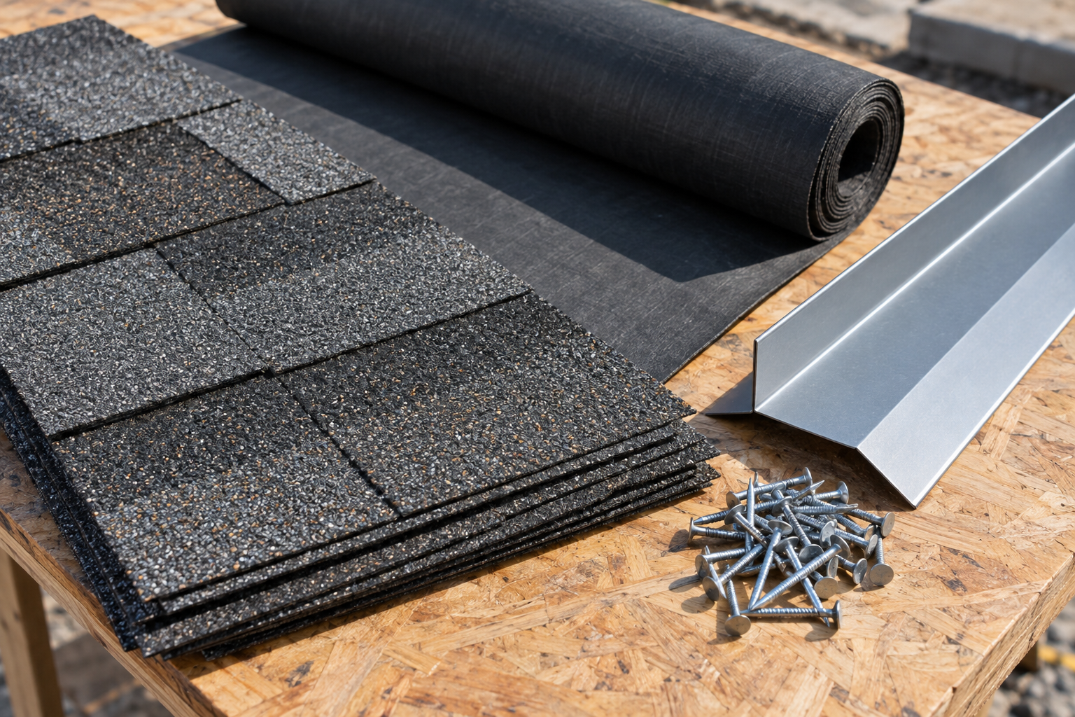 primer plano realista de capas de techo en una mesa de trabajo, teja asfáltica arquitectónica, membrana/base, tapajuntas metálico y clavos ordenados, luz natural, sin marcas ni texto visible