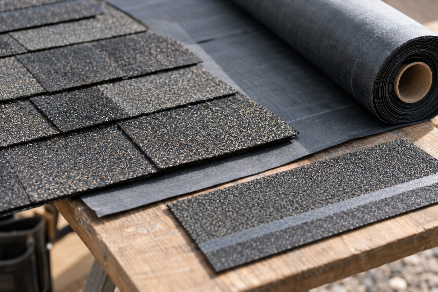 close-up documentary photo of layered asphalt roofing materials on a work table, shingle texture, underlayment edge, starter strip sample, natural light, no manufacturer logos or readable text