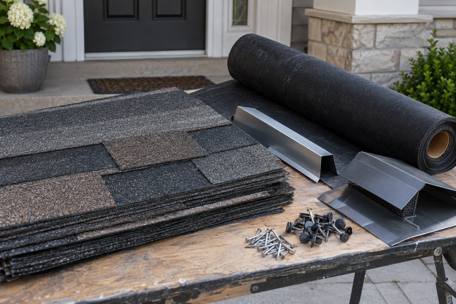 acercamiento realista de tejas asfálticas arquitectónicas, membrana/base y accesorios de techo colocados sobre una mesa de trabajo en una entrada de casa en Waukegan, luz natural, sin marcas ni texto visible
