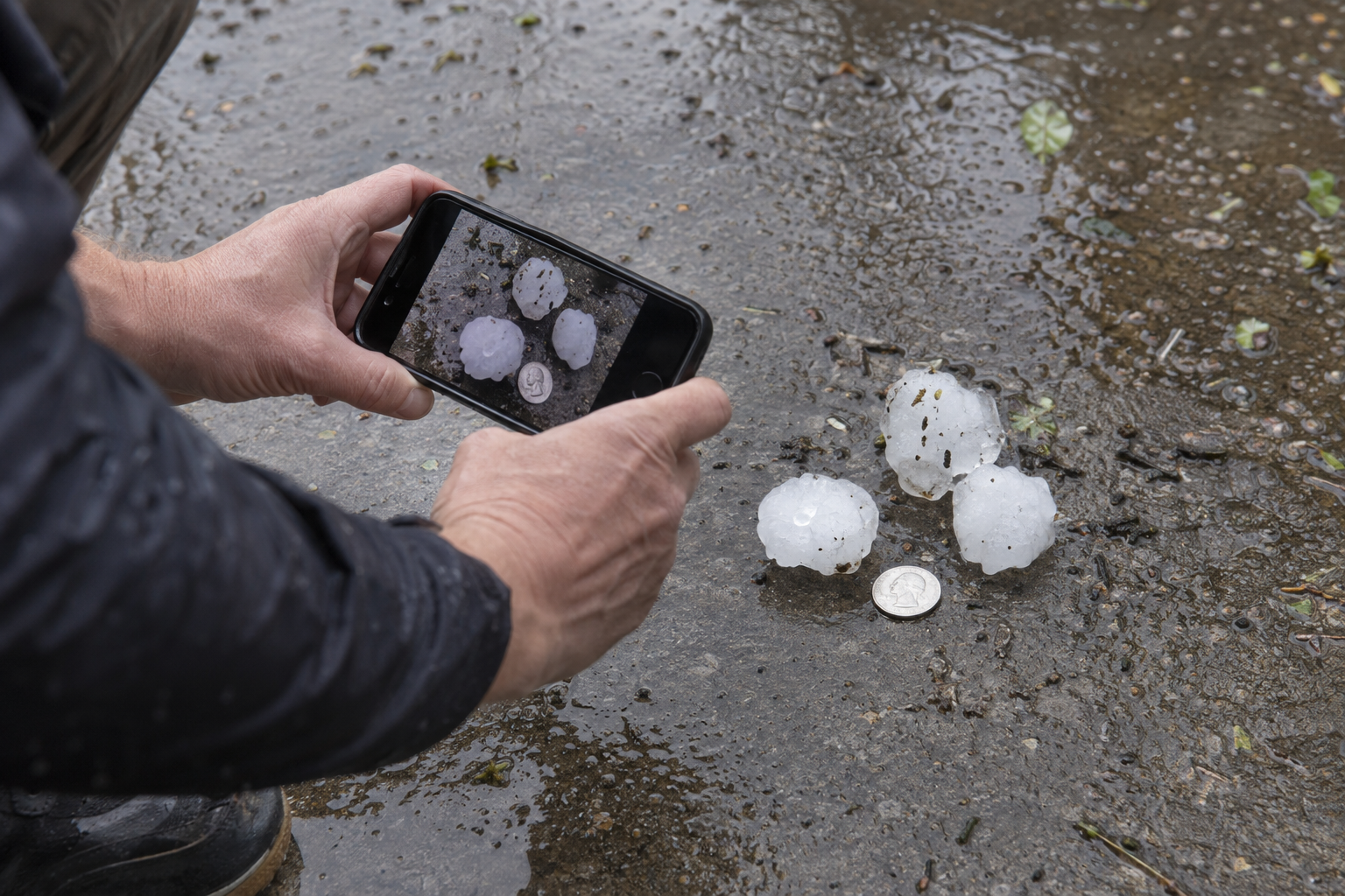 close-up documentary photo of a homeowner’s hands photographing hailstones on a driveway beside a coin for scale after a Lake County storm, wet pavement, natural overcast light, no text