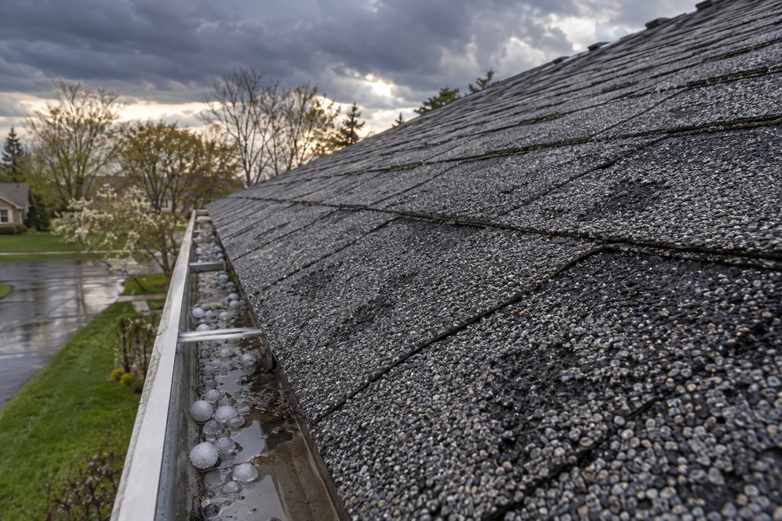 documentary photo of an architectural asphalt shingle roof surface after a Midwest hailstorm, visible granule texture and a few small hailstones in the gutter, moody Lake County spring light, no people, no text