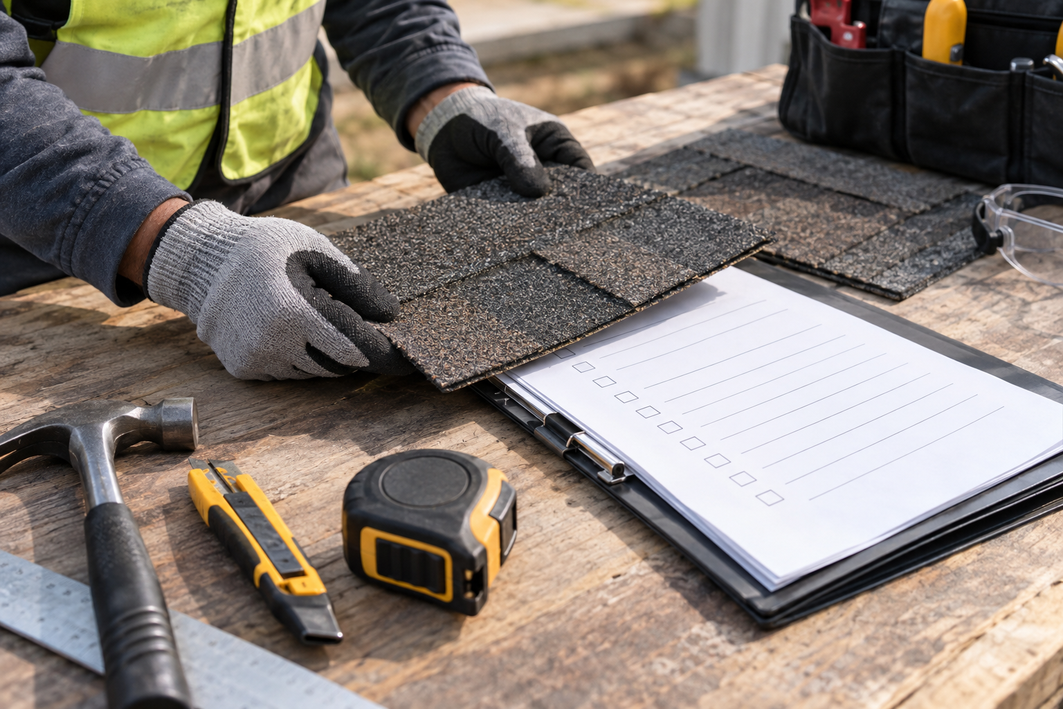 foto documental de manos con guantes revisando una teja asfáltica arquitectónica y una lista de instalación en una carpeta sobre una mesa de trabajo, herramientas limpias alrededor, sin texto legible