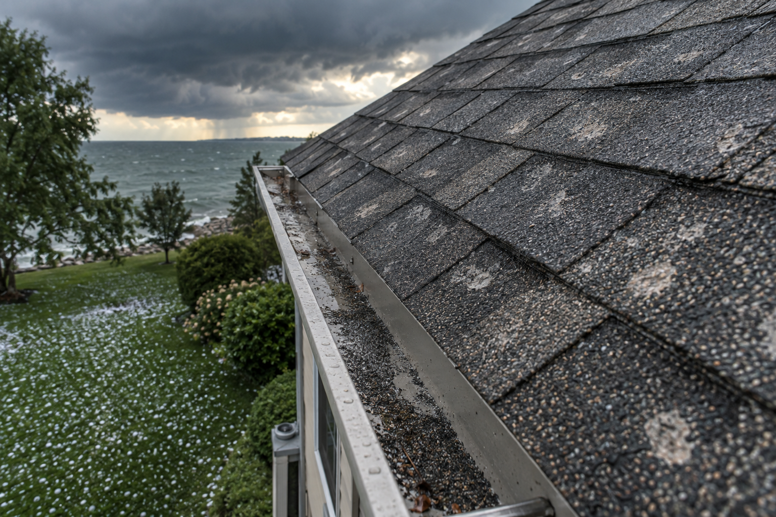 documentary photo of an asphalt shingle roof slope after a Midwest hailstorm, visible granules in gutter and small hail on grass, moody Lake Michigan storm light, no people, no text