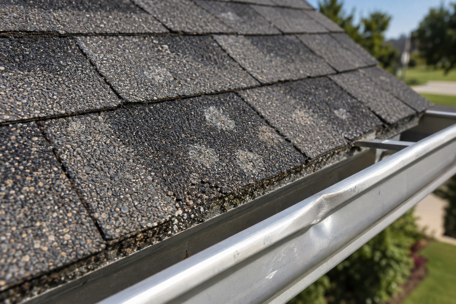 realistic close-up photo of asphalt shingles with hail bruising and loose granules beside a dented aluminum gutter, Lake County residential roof detail, crisp natural light, no text