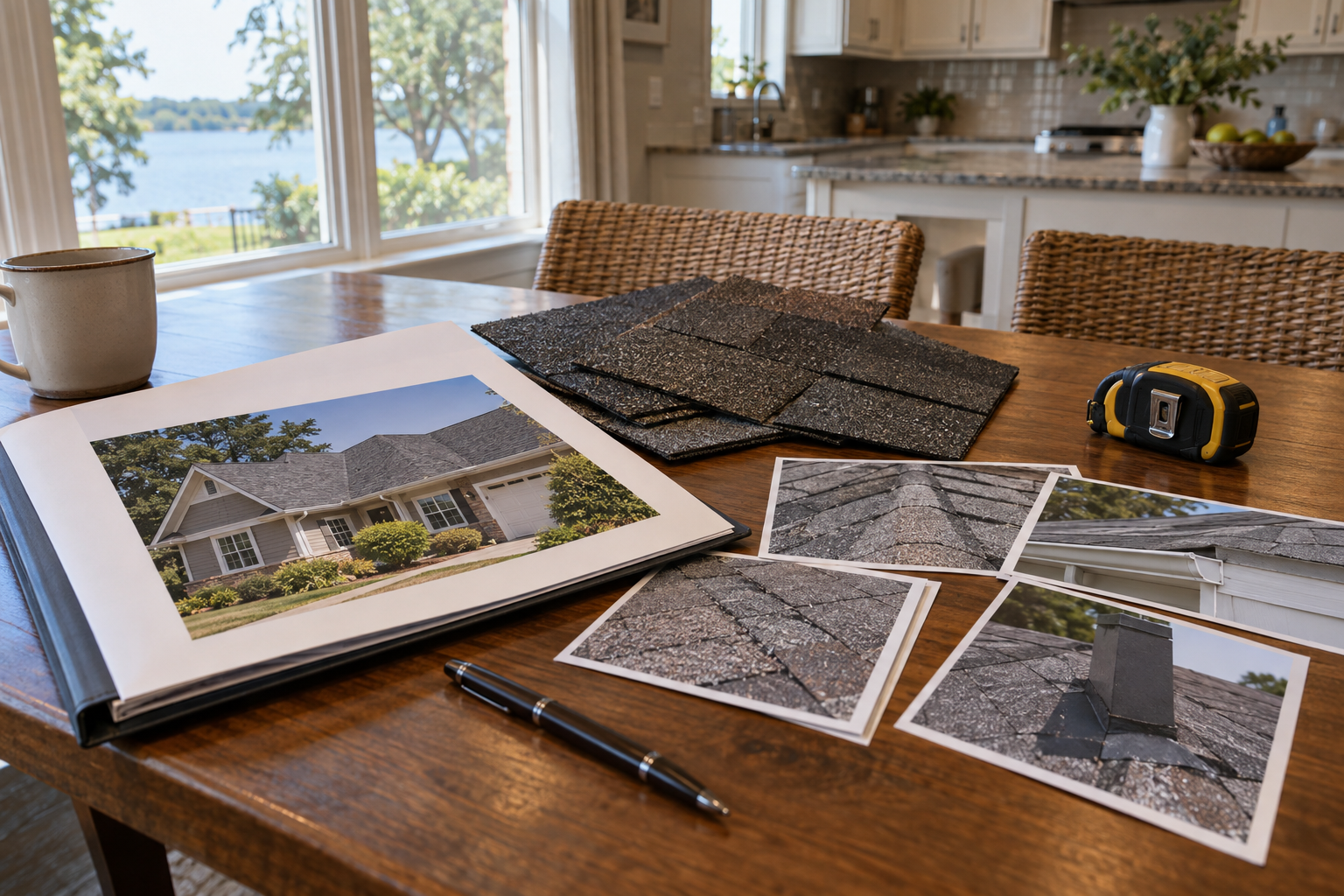 documentary photo of a clean roofing proposal packet, shingle samples, measuring tape, and roof inspection photos spread across a kitchen table in a Lake County home, warm natural light, no readable text or logos
