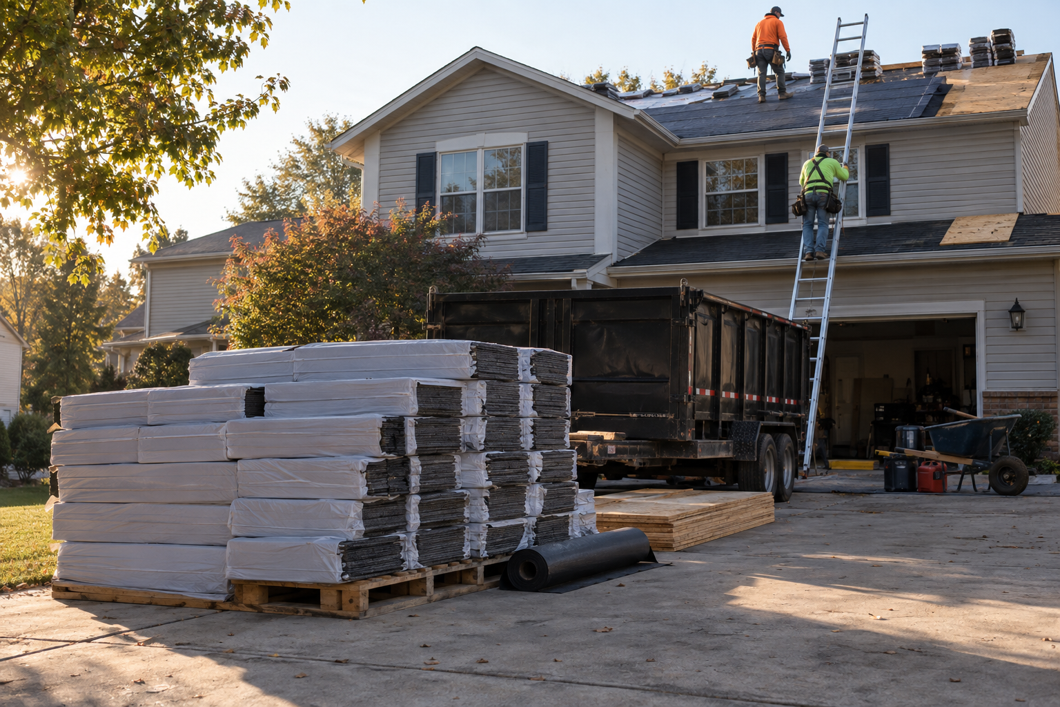 documentary photo of roofing project materials staged neatly in a Lake County driveway beside a modest two-story home, bundles turned so no logos or text are readable, early morning light, professional job-site mood