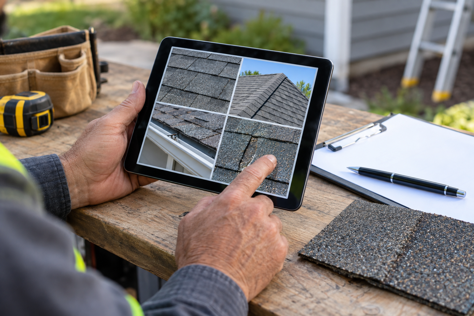 documentary photo of an exterior contractor’s hands reviewing roof inspection photos on a tablet beside a clipboard and shingle sample on a workbench, no visible logos, calm professional mood, no text