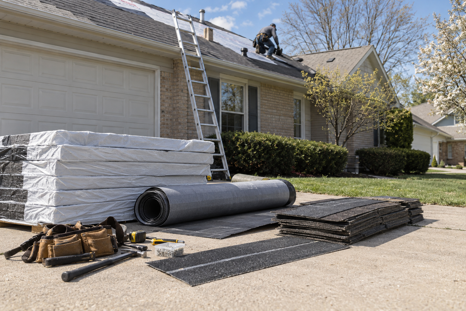 realistic photo of roofing tools, synthetic underlayment, starter shingles, and architectural shingles staged neatly on a driveway in Waukegan Illinois, partly sunny spring morning, no logos or readable text