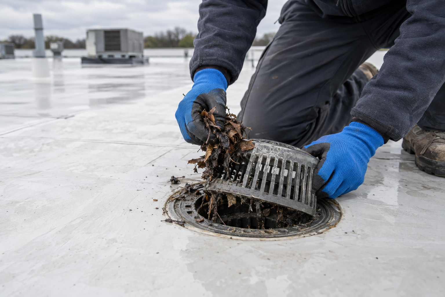 close-up documentary photo of gloved hands clearing debris from a commercial flat roof drain basket, clean TPO membrane, overcast spring light, no visible logo or text