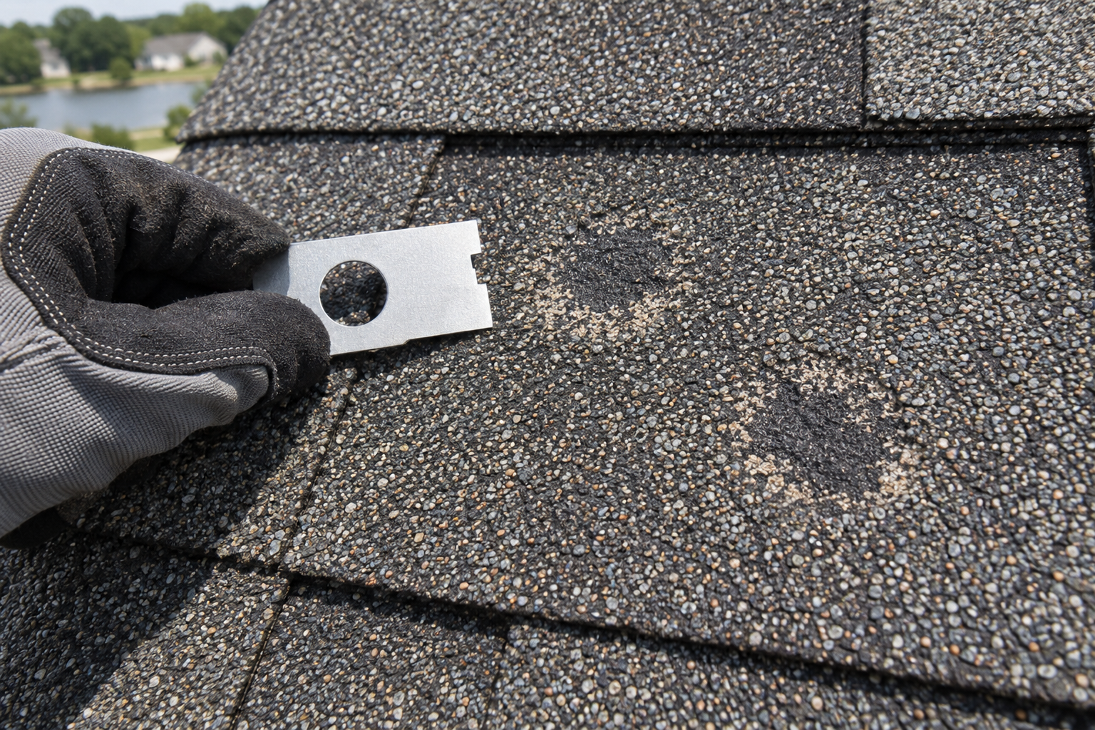 close-up documentary photo of hail bruising and granule loss on asphalt shingles with a gloved hand holding a measuring gauge nearby, Lake County Illinois residential roof texture, no logos or readable text
