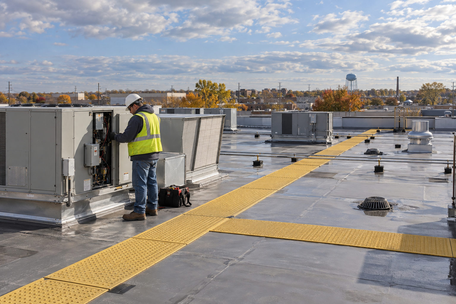 wide documentary photo of a low-slope commercial roof in Waukegan-style industrial area with safe walkway pads, HVAC units, and clear drainage paths, partly sunny fall afternoon, no text