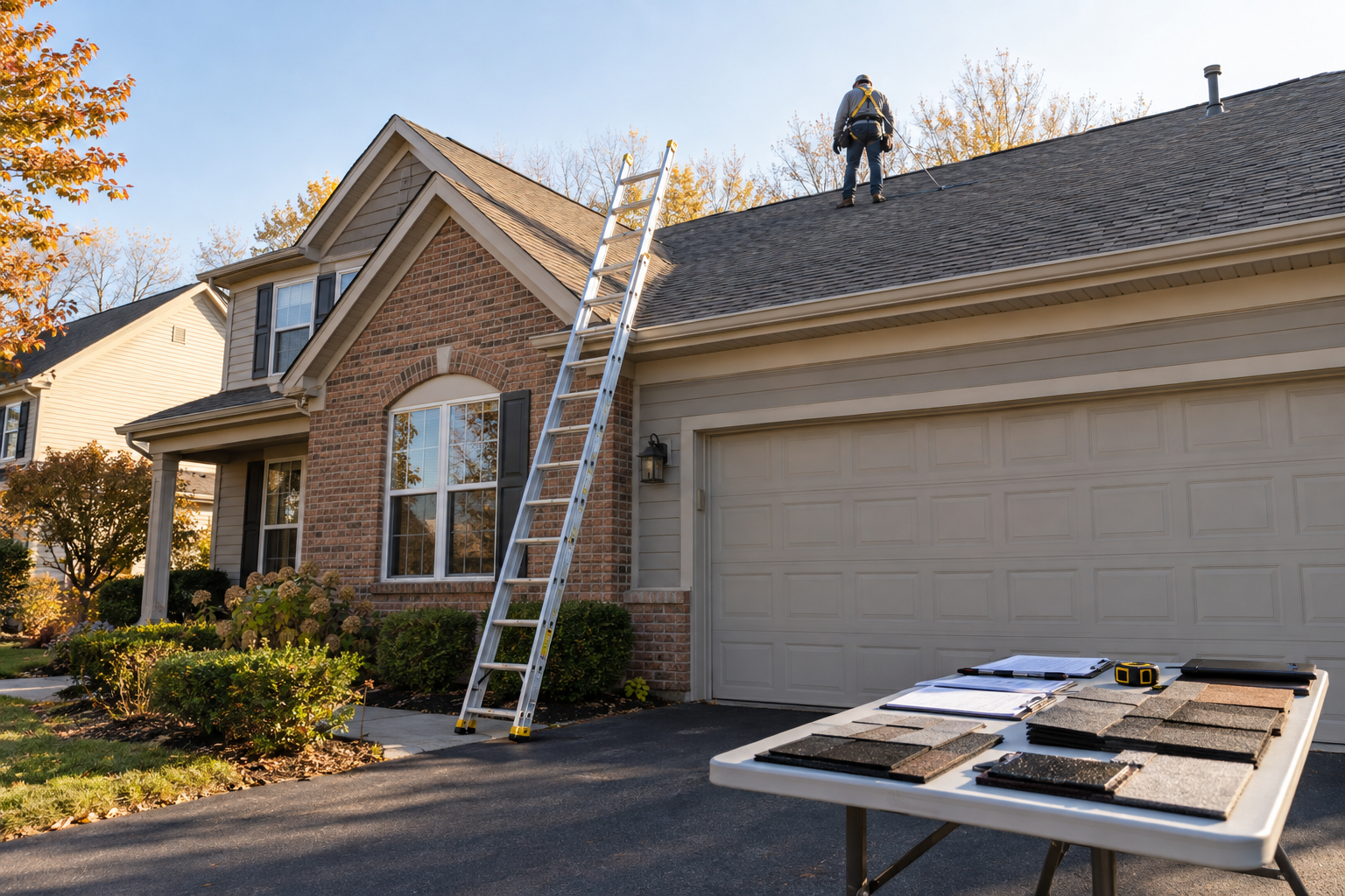 documentary photo of a Lake County Illinois roof inspection scene with a secured ladder, shingle samples, and neatly organized paperwork on a folding table in the driveway, bright late-afternoon light, no people facing camera, no logos or readable text