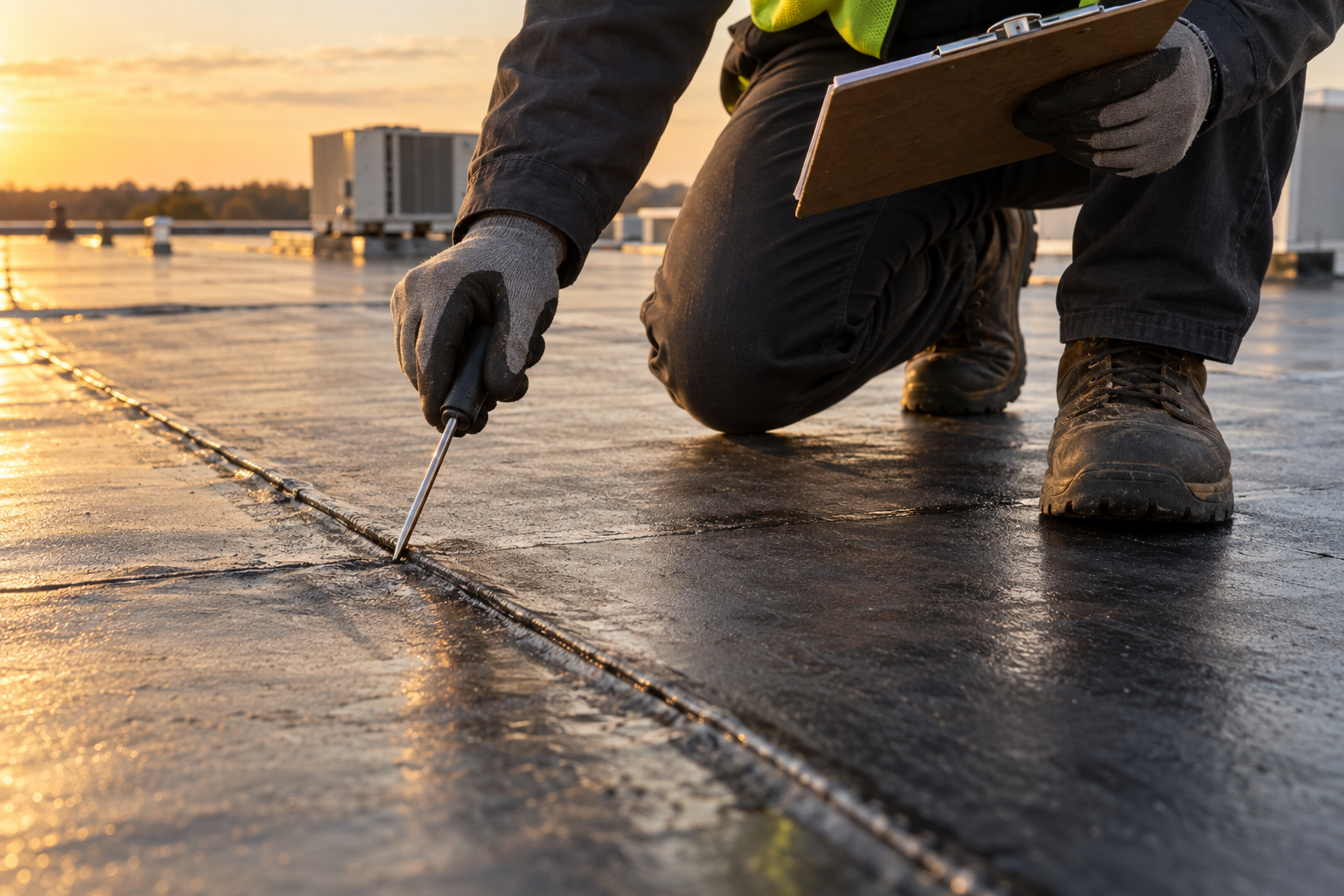 documentary close-up of a commercial flat roof seam inspection with clipboard, moisture-safe work boots, gloved hands, and membrane probe visible, no faces, no shirt logo, no text, golden-hour light
